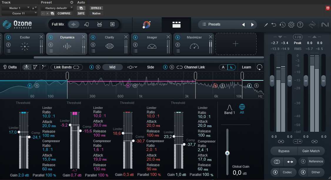 Digitaalisen äänityöaseman näyttö, joka näyttää musiikin masteroinnin iZotope Ozone -ohjelmistolla.